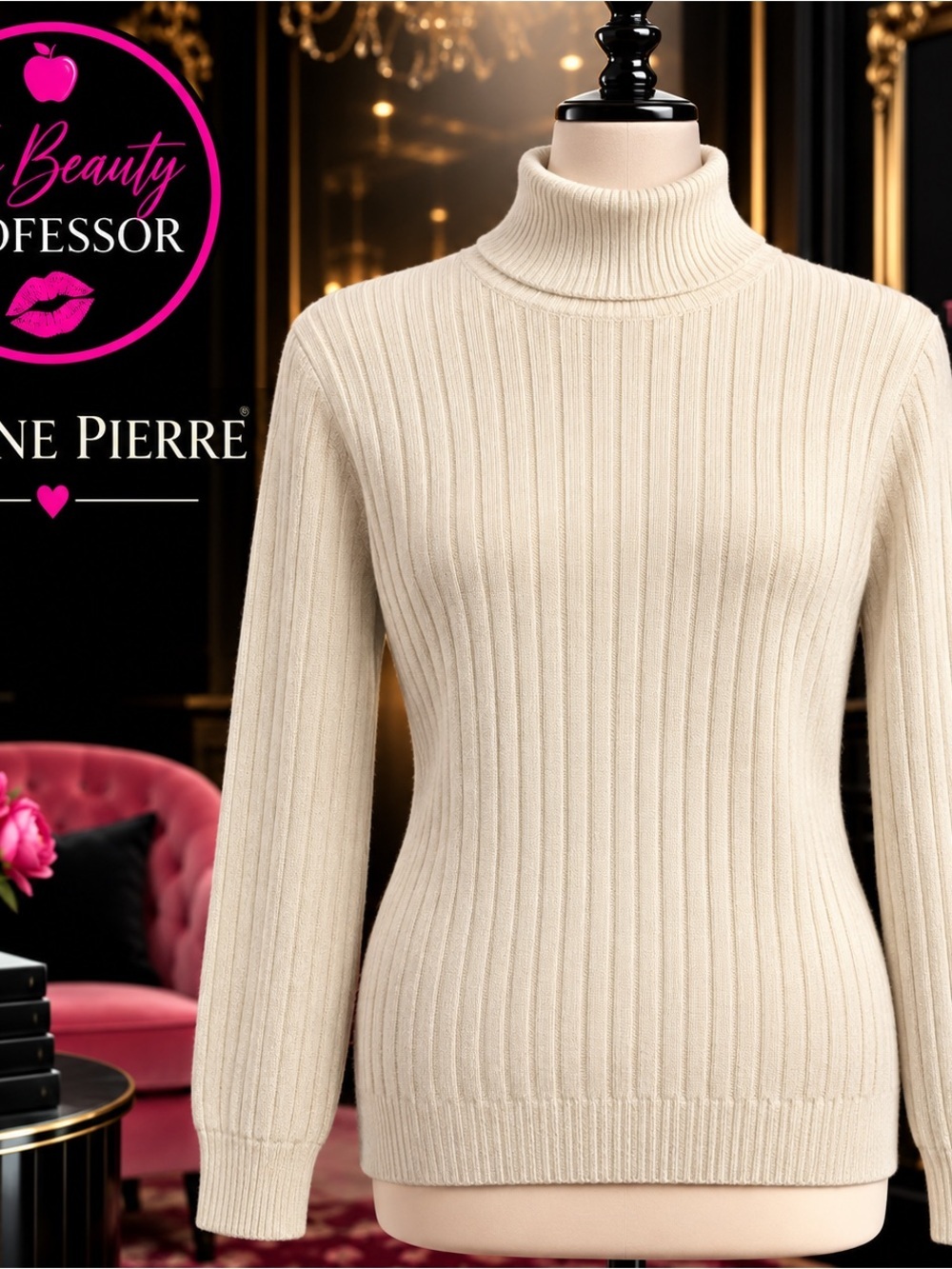 Jeanne Pierre Cream Ivory 100% Cotton Ribbed Turtleneck Sweater L